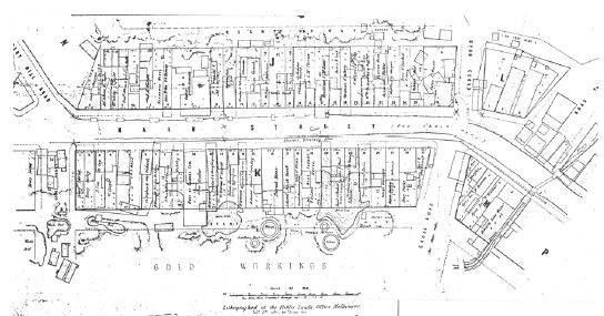Figure 2.04: Part of Revised Plan of Blocks J, K, L & M, Main Street Ballarat, 1904 copy of original lithograph, February 1858, showing concentration of buildings along Main Street, buildings overlapping into present day Porter Street, and mining equipment, shafts and ?Gold Workings? within the precinct. - 
