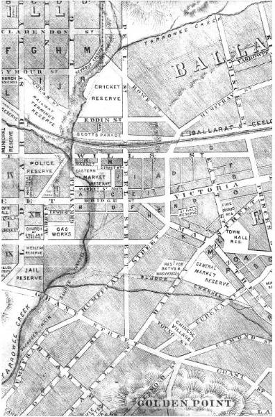 Figure 2.03: Portion of Plan of Ballarat Municipalities, engraved after the latest Government Surveys by H Deutsch, Ballarat, n.d. estimated 1860s, showing ?Reserve for Baths & Washhouses? in the south east section of the precinct, and the ?Sludge Channel? across the south of the precinct. - 