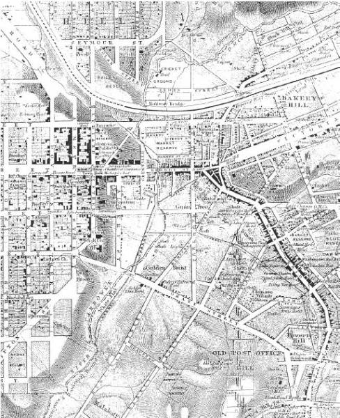 Figure 2.01: Portion of map of Ballarat, J Brache, October 21, 1861, showing mine shafts in the precinct area bounded by Main Road, Humffray Street, Barkly Street and the Channel. The Red Streak Lead is also identified on this map. - 