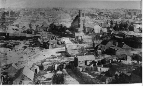 Figure 2.05: View of Bakery Hill, Ballarat, showing St Paul�s Anglican Church, c. 1868, and the diggings in the Barkly Street and Humffray Street precinct in the upper left section of the photograph.