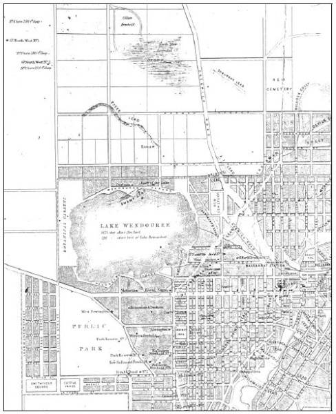 Figure 2.02: Portion of Map of Ballaarat and Sebastopol, compiled and engraved from official and original mining surveys by John L Ross, 1868, showing Lake Wendouree, Botanical Gardens, Gregory Street (Municipal Boundary), and leads and shafts north of the lake - Ballarat Heritage Precincts Study, 2006