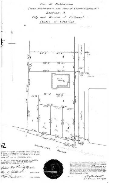 Figure 2.08: LP16147, Plan of Subdivision, 18 February 1941, showing the subdivision of 8 allotments, including the large brick house that once fronted onto Wendouree Parade.  - Ballarat Heritage Precincts Study, 2006