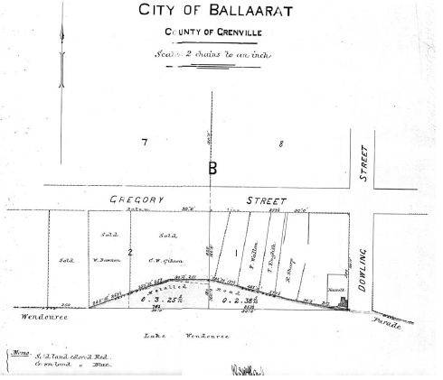 Figure 2.12: Portion of Map, City of Ballarat, County of Grenville, 1882. Note the outline of Hassell?s dwelling at the corner of Wendouree Parade & Dowling Street. - Ballarat Heritage Precincts Study, 2006