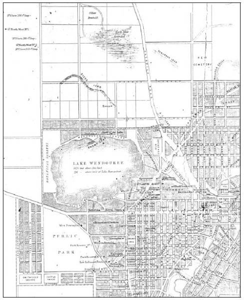 Figure 2.02: Portion of Map of Ballaarat and Sebastopol, compiled and engraved from official and original mining surveys by John L Ross, 1868, showing Lake Wendouree, Botanical Gardens, Gregory Street (Municipal Boundary), and leads and shafts north of the lake. - Ballarat Heritage Precincts Study, 2006