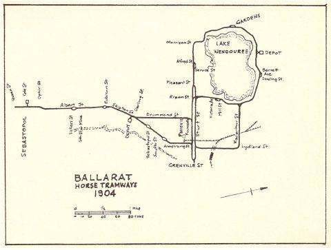 Figure 2.04: Ballarat Horse Tramways, 1904, showing depot and tram stop north of Lake Wendouree.  - Ballarat Heritage Precincts Study, 2006