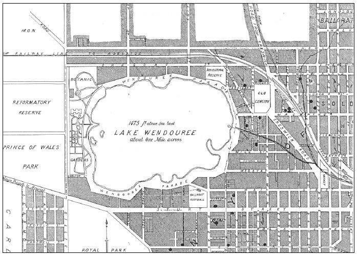 Figure 2.05: Portion of Ballarat Litho & Ptg. Cos. Electoral Map of Ballarat, 1916, showing Lake Wendouree and the Agricultural Reserve that later became known as the showgrounds reserve. - Ballarat Heritage Precincts Study, 2006