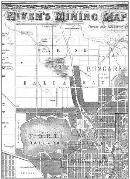 Figure x.03: Portion of Niven�s Mining Map of Ballaarat, compiled from Government Plans and the most recent surveys of the district mining surveyors, 1870, showing Lake Wendouree, Botanical Gardens, Gregory Street (Municipal Boundary), Agricultural Show Grounds Reserve, Pound Reserve, and leads and shafts north of the lake. - Ballarat Heritage Precincts Study, 2006
