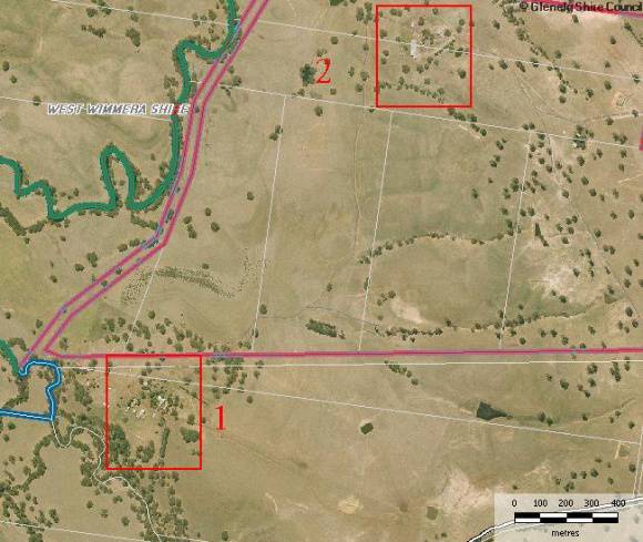 Location of two parts of Heritage Overlay (1 - Homestead) and (2 - Woolshed)