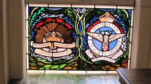 Burwood Uniting Church [formerly Methodist], war memorial detail of Army and Air Force badges, David Taylor Kellock 1950