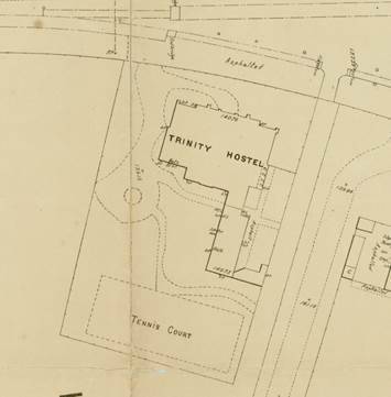 Part of 1897 MMBW plan showing 1891 building, and the tennis court in same position as today.