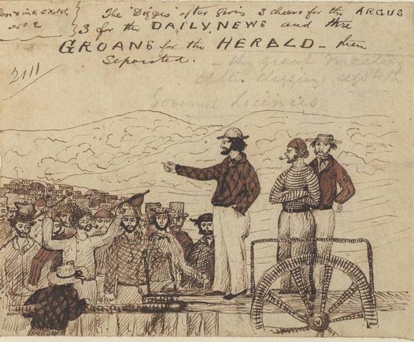 1854 Pen and ink sketch of speakers at the Monster Meeting (artist unknown)