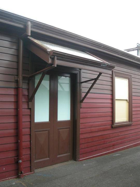 Platform 1 building  -  glazed timber doors and awning within the southeast-facing elevation
