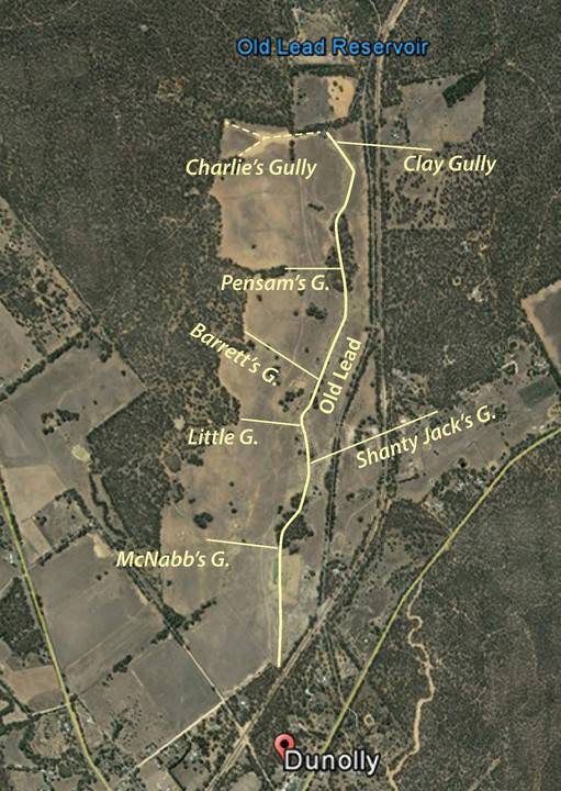 OLD Aerial landscape view with line of Old Lead and tributary gullies marked - following Tully 2013