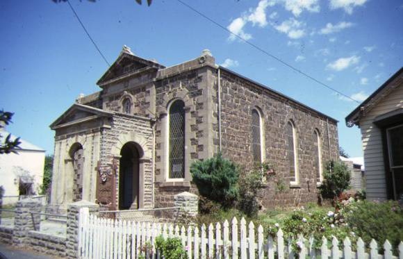 former wesleyan church parsonage & common school james street port fairy front corner view of church feb1990