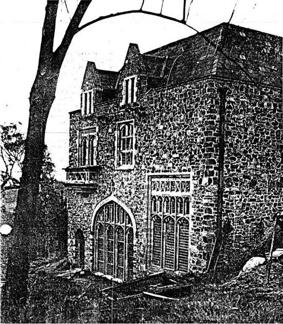 133 - Montsalvat Hillcrest Ave Eltham - Main (south) Facade of the Great Hall, photographed in 1949? - NOTE the secondhand windows, slate roof and the local stone walls - Shire of Eltham Heritage Study 1992