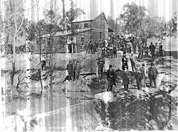 264 - State Battery Remans Smiths Gully 02 - Opening of the Queenstown circa 1910; it was burnt down in the 1962 bushfires and the dam and some machinery bases are all that survive - the photograph on the first page of this evaluation shows the same view today (ELHPC NO.159) - Shire of Eltham Heritage Study 1992
