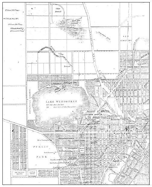 Figure 2.02: Portion of Map of Ballaarat and Sebastopol, compiled and engraved from official and original mining surveys by John L Ross, 1868, showing Lake Wendouree, Botanical Gardens, Gregory Street (Municipal Boundary), and leads and shafts north of the lake. - Ballarat Heritage Precincts Study, 2006