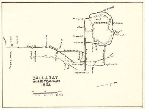 Figure 2.04: Ballarat Horse Tramways, 1904, showing depot and tram stop north of Lake Wendouree. - Ballarat Heritage Precincts Study, 2006