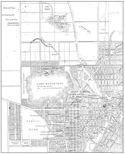 Figure 2.02: Portion of Map of Ballaarat and Sebastopol, compiled and engraved from official and original mining surveys by John L Ross, 1868, showing Lake Wendouree, Botanical Gardens, Gregory Street Municipal Boundary), and leads and shafts north of the lake. - Ballarat Heritage Precincts Study, 2006