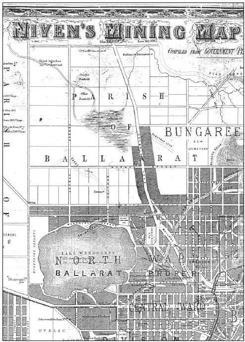 Figure 2.03: Portion of Niven's Mining Map of Ballaarat, compiled from Government Plans and the most recent surveys of the district mining surveyors, 1870, showing Lake Wendouree, Botanical Gardens, Gregory Street (Municipal Boundary), Agricultural Show Grounds Reserve, Pound Reserve, and leads and shafts north of the lake. - Ballarat Heritage Precincts Study, 2006