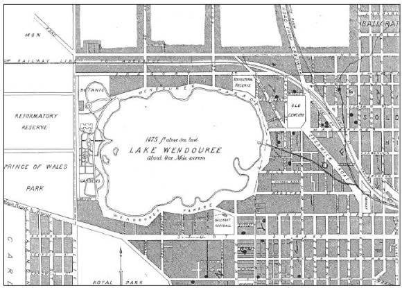 Figure 2.04: Portion of Ballarat Litho & Ptg. Cos. Electoral Map of Ballarat, 1916, showing Lake Wendouree, Botanic Gardens, and Agricultural Reserve. Cottage Gardens are indicated on the map with a ???. - Ballarat Heritage Precincts Study, 2006