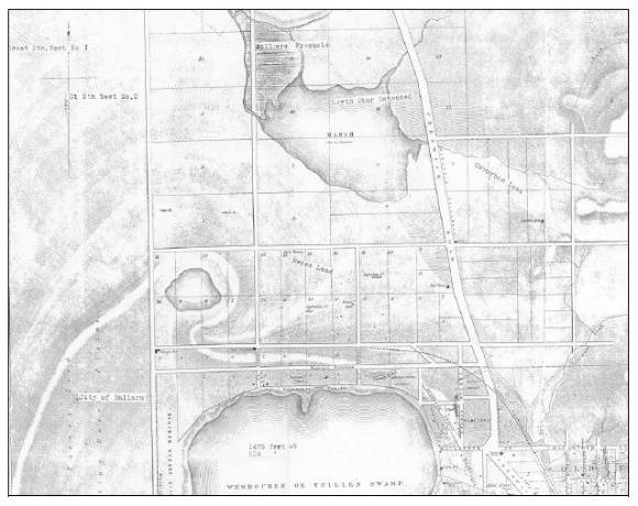 Figure 2.01: Portion of map of Ballarat, J Brache, October 21, 1861, showing Yuille�s Swamp (Lake Wendouree), Public Garden Reserve, leads and shafts north of the lake, Gregory Street (Municipal Boundary), Agricultural Reserve, and Cricket Ground. - Ballarat Heritage Precincts Study, 2006