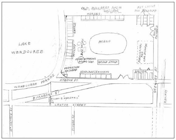 Figure 2.06: The layout of the Old Showgrounds, drawn by Alan Dunstan of 105 Lexton Street, October 27, 1987. This plan reflects the grounds prior to 1933. - Ballarat Heritage Precincts Study, 2006