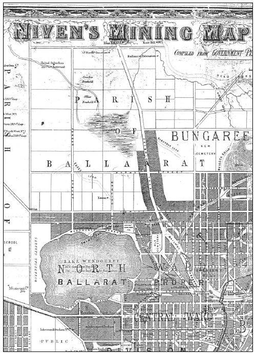 Figure x.03: Portion of Niven�s Mining Map of Ballaarat, compiled from Government Plans and the most recent surveys of the district mining surveyors, 1870, showing Lake Wendouree, Botanical Gardens, Gregory Street (Municipal Boundary), Agricultural Show Grounds Reserve, Pound Reserve, and leads and shafts north of the lake. - Ballarat Heritage Precincts Study, 2006