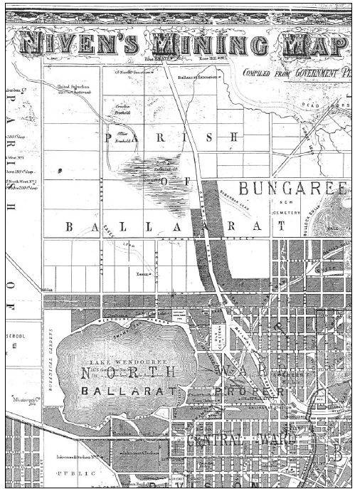 Figure 2.03: Portion of Niven's Mining Map of Ballaarat, compiled from Government Plans and the most recent surveys of the district mining surveyors, 1870, showing Lake Wendouree, Botanical Gardens, Gregory Street (Municipal Boundary), Agricultural Show Grounds Reserve, Pound Reserve, and leads and shafts north of the lake.  - Ballarat Heritage Precincts Study, 2006