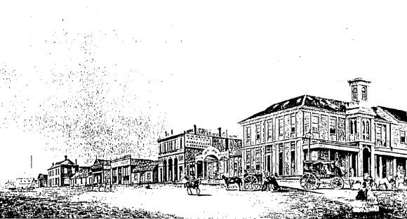 Craigs Royal Hotel02 - Lydiard St 1859 with the first wing (1853) behind a 'Turkish' Canopy and the two storey apparently prefabricated timber section (late 1853). At left is a two storey building, the now only extant building shown in this picture (42 Lydiard St) - Ballarat Conservation Study, 1978