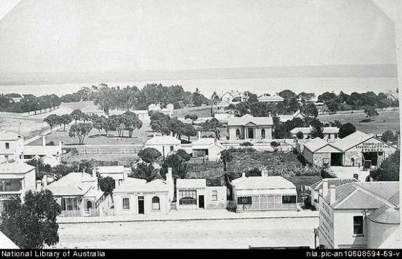Hesse St from Baillieu's Tower c. 1880 showing the original 1870s entrance
portico circled.
Source: National Library Australia, ref: an10608594-69