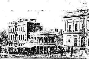 Former unicorn hotel - This view by Nettleton, taken in the 1870's shows the Hotel in its full elegance, complete with its crowning unicorn. (photograph: Nettleton's victorian Views Album, La Trobe
Library) - Ballarat Conservation Study, 1978